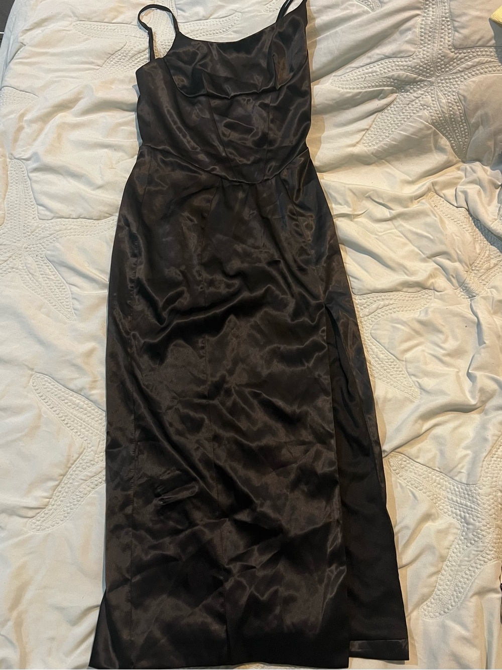 Satin Black Midi Slip Dress with Spaghetti Straps